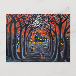 Postal de Halloween, brujas, pueblo, caldero, serp