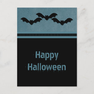Postal de Halloween con bats espeluznantes, azul o