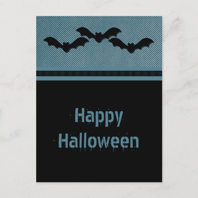 Postal de Halloween con bats espeluznantes, azul o (Anverso)