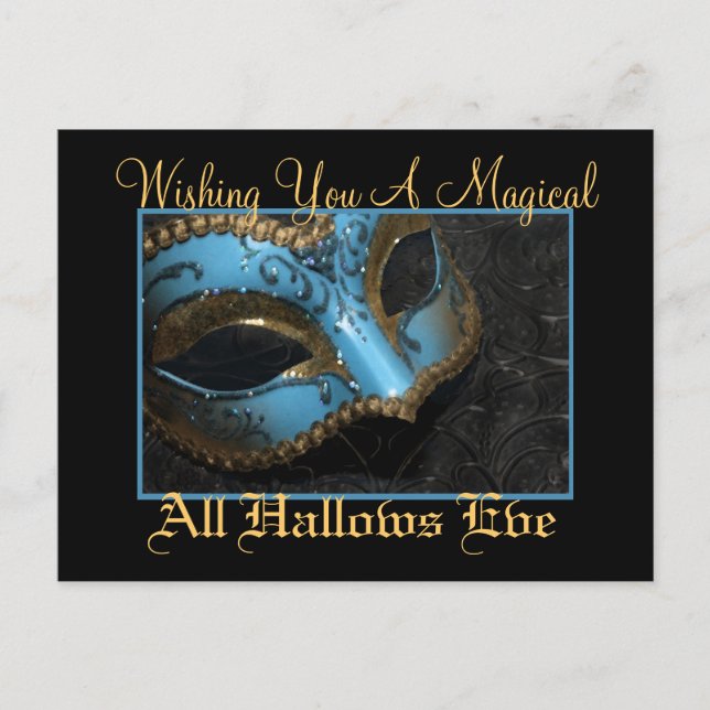 Postal de Halloween con máscara de mascarada verde (Anverso)