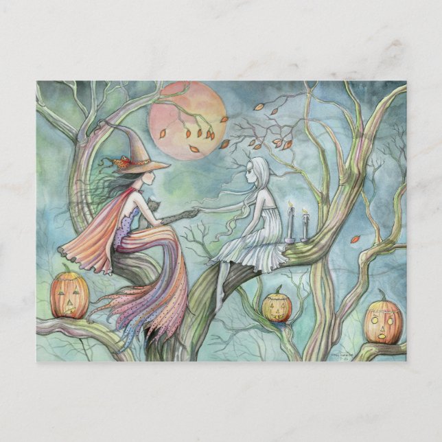 Postal de Halloween de Bruja y Fantasma (Anverso)
