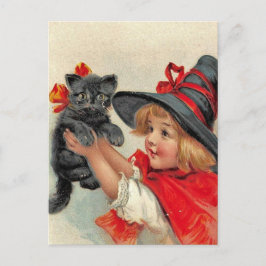Postal de Halloween del vintage - chica y gato