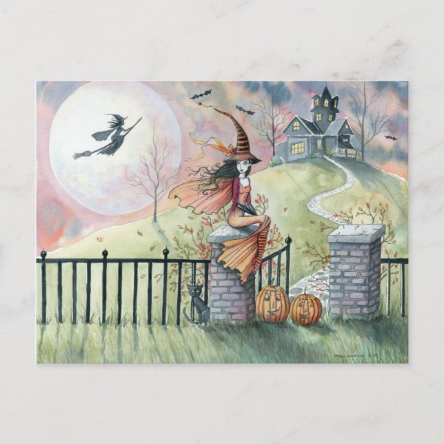 Postal de Halloween "Truco o Regalo" Bruja Gato (Anverso)