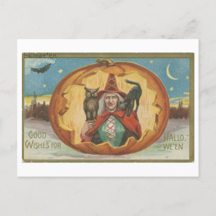 Postal de Halloween vintage con bruja y lechuza