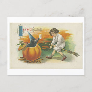 Postal de Halloween vintage con dulce y malo