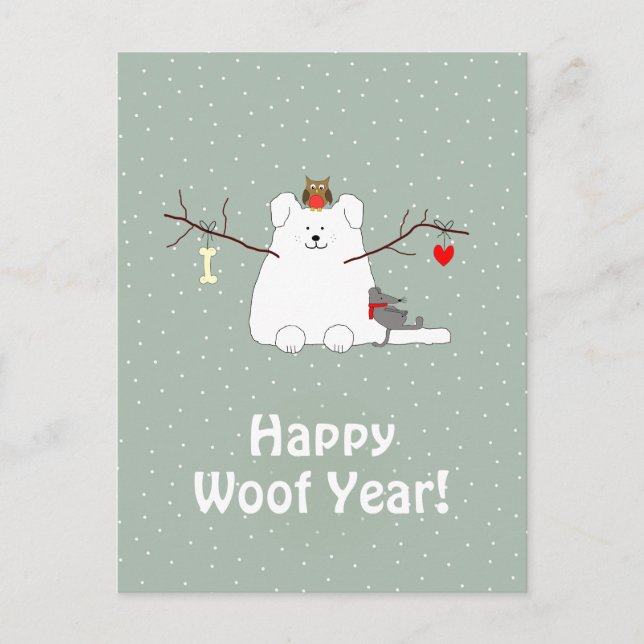 Postal de 'Happy Woof Year' para Navidades de Snow (Anverso)