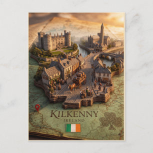 Postal de ilustración de mapa 3D de Kilkenny Irlan