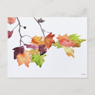 Postal de impresión de acuarela de hojas de otoño
