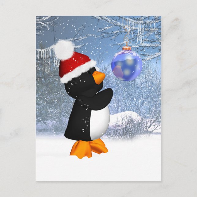Postal De Invierno De Pingüino Con Decoración De Á (Anverso)