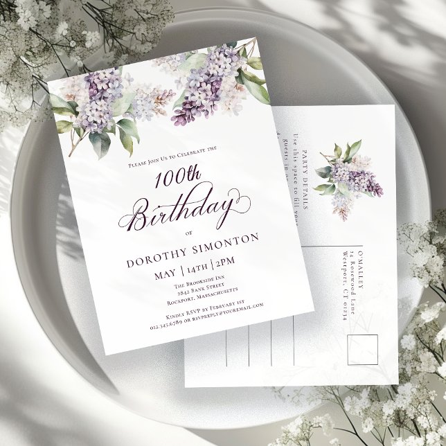 Postal De Invitación 100.ª fiesta de cumpleaños Flor de Lino Purple Spr (Subido por el creador)