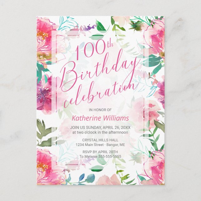 Postal De Invitación 100.º cumpleaños acuarela tropical Floral rosa (Anverso)