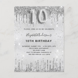 Postal De Invitación 10.º chica purpurina de plata de cumpleaños
