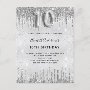 Postal De Invitación 10.º chica purpurina de plata de cumpleaños