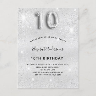 Postal De Invitación 10.º purpurina de plata de cumpleaños