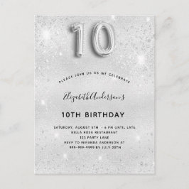 Postal De Invitación 10.º purpurina de plata de cumpleaños
