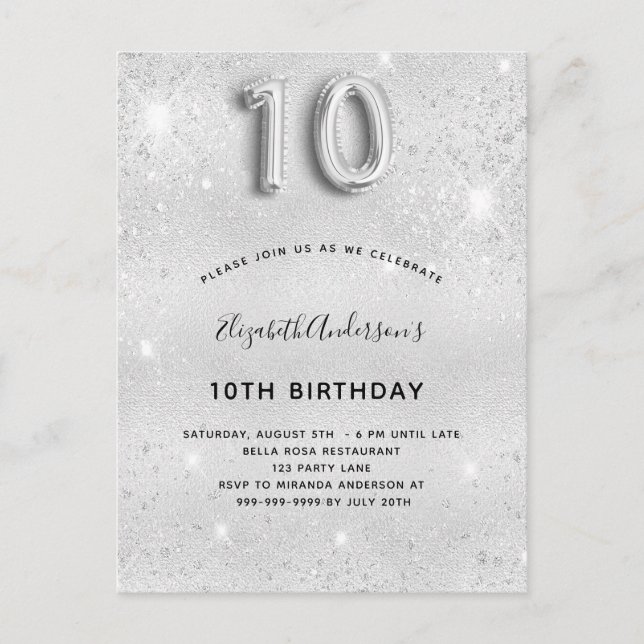 Postal De Invitación 10.º purpurina de plata de cumpleaños (Anverso)