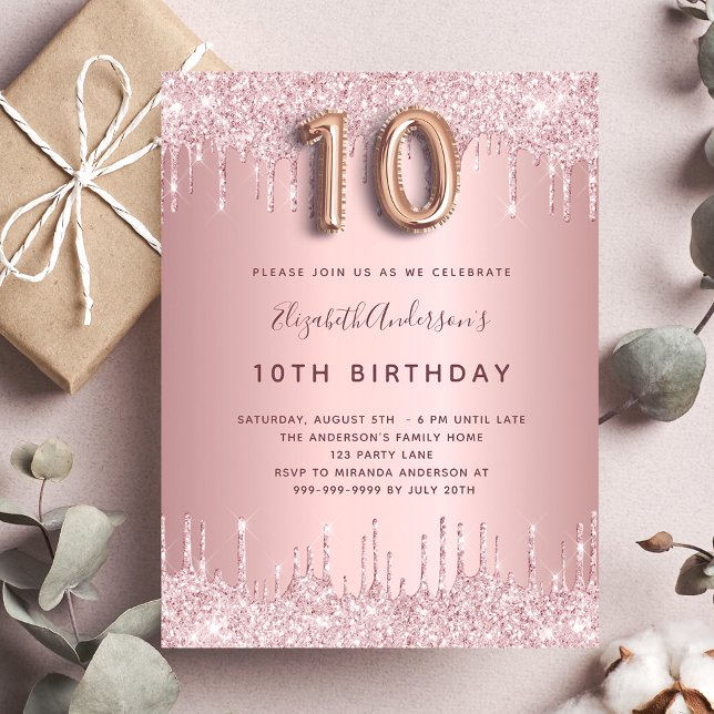 Postal De Invitación 10 años rosa polvoriento rosa purpurina gotea glam (Subido por el creador)
