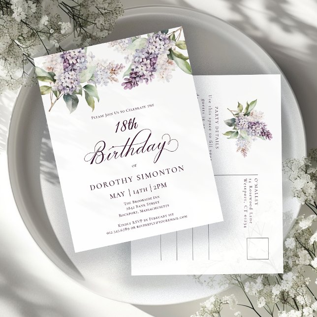 Postal De Invitación 18.ª Fiesta de Cumpleaños Morado Primavera Flor Li (Subido por el creador)