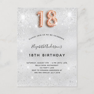 Postal De Invitación 18 años plata rosa metalizado oro purpurina polvo