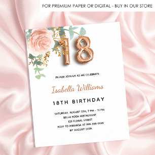 Postal De Invitación 18 años rosa floral oro eucalipto verde