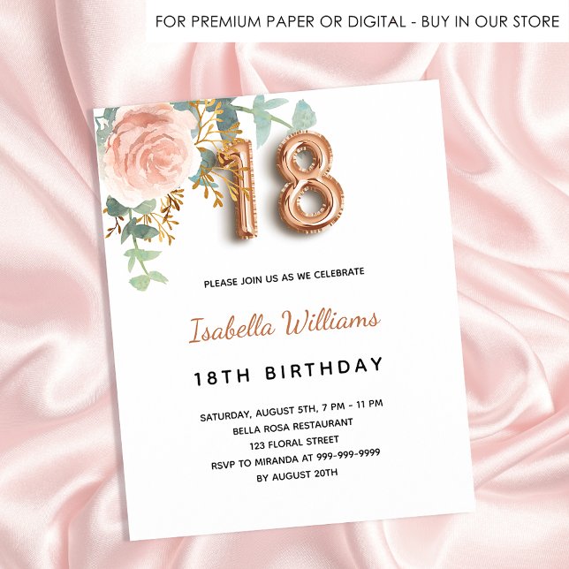 Postal De Invitación 18 años rosa floral oro eucalipto verde (Subido por el creador)