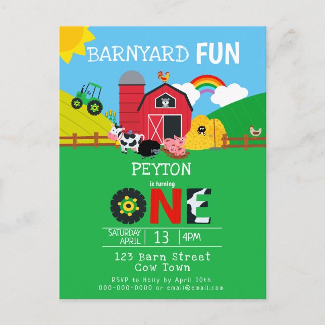 Postal De Invitación 1.ᵉʳ Nacimiento Granja Animales Barnyard Divertido (Anverso)
