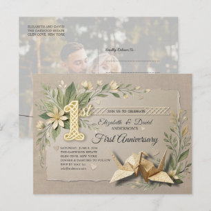 Postal De Invitación 1er Aniversario de Boda de Papel Foto de Grulla Re