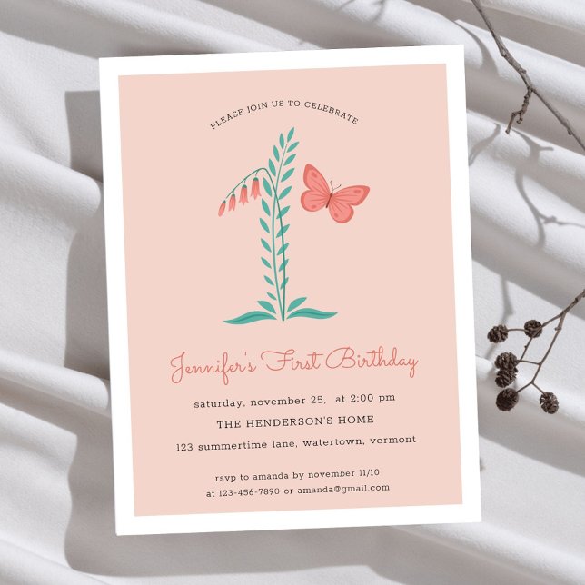 Postal De Invitación 1st Birthday Party Floral Botanical Butterfly (Subido por el creador)