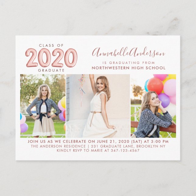 Postal De Invitación 2020 Graduate Rosa Gold 3 Photo Graduation Party (Anverso)