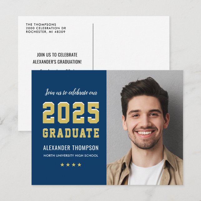 Postal De Invitación 2023 Graduate Navy Gold Graduation Party Photo (Anverso / Reverso)