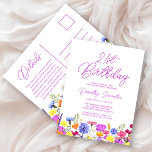 Postal De Invitación 21.ª Fiesta de cumpleaños Flores salvajes moradas<br><div class="desc">Un borde de flores silvestres de bonito decora el fondo de esta postal de invitación asequible para adultos de 21 años. Las flores moradas, azules, amarillas y naranjas crean un diseño colorido y feliz para celebrar este cumpleaños histórico. La caligrafía púrpura moderna y sencilla aporta un toque de moda para...</div>