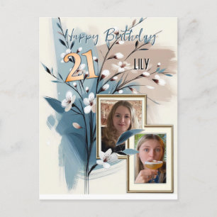Postal De Invitación 21 cumpleaños Almond flor crema azul