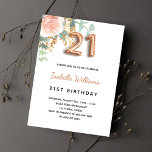 Postal De Invitación 21 cumpleaños floral rosa oro eucalipto verde<br><div class="desc">Una elegante invitación para un fiesta de 21 años. Un fondo blanco moda. Decorada con una flor rosa de color oro rosa y rosa y rosa, con hojas de eucalipto verdes, florales, verdes, brotes, vegetación y brotes de oro falsos. Personalizar y el nombre y los detalles del fiesta. Letras negras...</div>