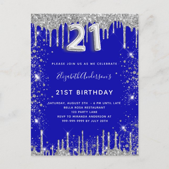 Postal De Invitación 21° cumpleaños glamur real purpurina de plata azul (Anverso)