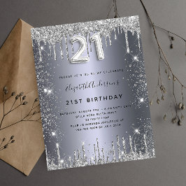 Postal De Invitación 21 cumpleaños plata purpurina metalizado glam polv