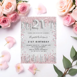 Postal De Invitación 21 cumpleaños plata purpurina rosa metalizado polv