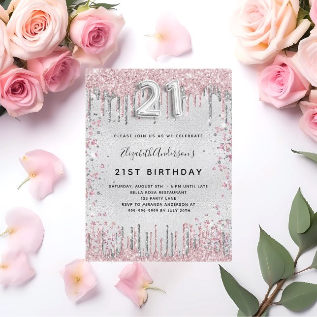 Postal De Invitación 21 cumpleaños plata purpurina rosa metalizado polv (Subido por el creador)