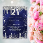 Postal De Invitación 21° cumpleaños purpurina de plata azul marina glam<br><div class="desc">Una invitación moderna,  elegante y glamurosa para un fiesta de 21 años. Un fondo azul marino,  decorado con un polvo falso purpurina plateado. Personalice y agregue su nombre y detalles del fiesta. El número 21 se escribe con un tipo de letra,  guión. Atrás: azul real</div>