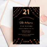 Postal De Invitación 21 cumpleaños rosa negro estrellas de oro elegante<br><div class="desc">Para un elegante fiesta de 21 años. Un fondo negro. Decorado con estrellas de oro rosa. Personalice y añada un nombre,  detalles del fiesta,  año de nacimiento. El nombre se escribe con un guión de estilo con letras a mano</div>