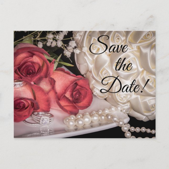 Postal De Invitación 2586-Rosas blancas y rojas, anillos, buquet, perla (Anverso)