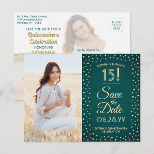 Postal De Invitación 2 Foto Quinceanera Green y Gold Save the Date
