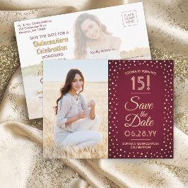 Postal De Invitación 2 Photo Quinceanera Burgundy Gold Save the Date