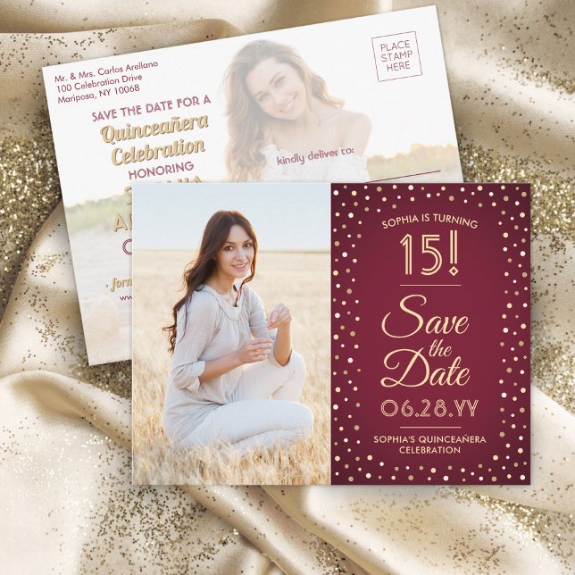 Postal De Invitación 2 Photo Quinceanera Burgundy Gold Save the Date (Subido por el creador)