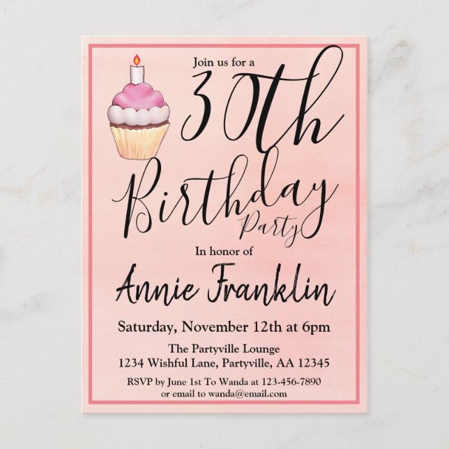 Postal De Invitación 30.ª tarta acuática rosada Cumpleaños (Anverso)