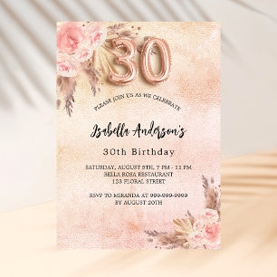 Postal De Invitación 30.º cumpleaños pampas flor de oro rosa