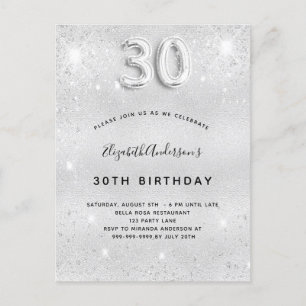 Postal De Invitación 30.º glamoroso purpurina de plata
