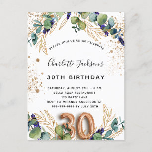 Postal De Invitación 30 años eucalipto verde purpurina elegante