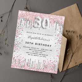 Postal De Invitación 30 años purpurina rosa plata gotea