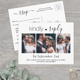 Postal De Invitación 3 Foto Simple Script Elegante Boda Kindly RSVP