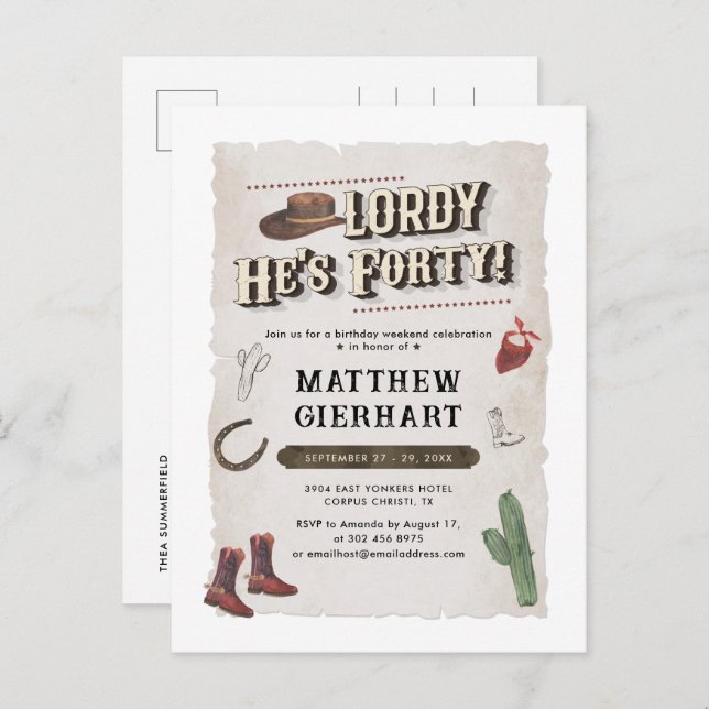 Postal De Invitación 40.º Cowboy Rodeo Fiesta Retro (Anverso / Reverso)